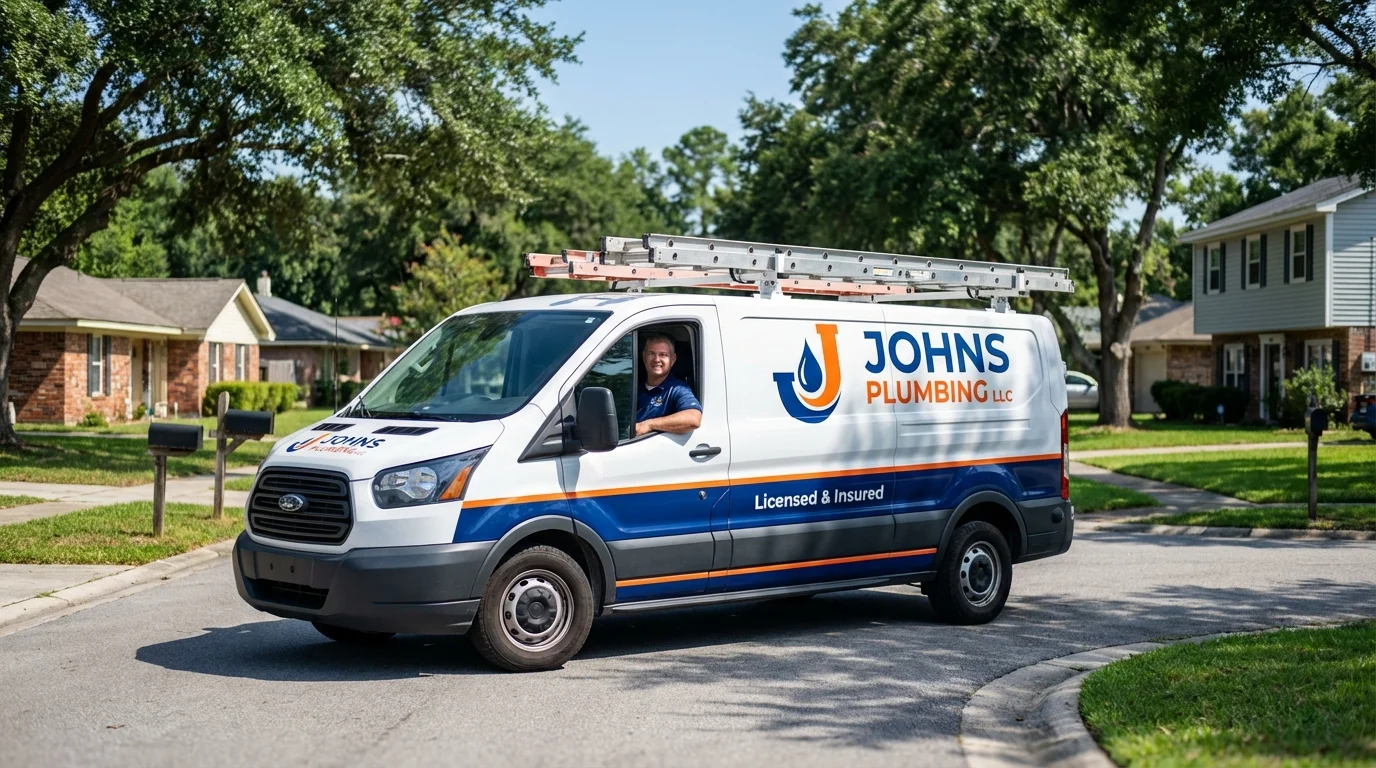 Johns Plumbing LLC service van in Sharon, MA