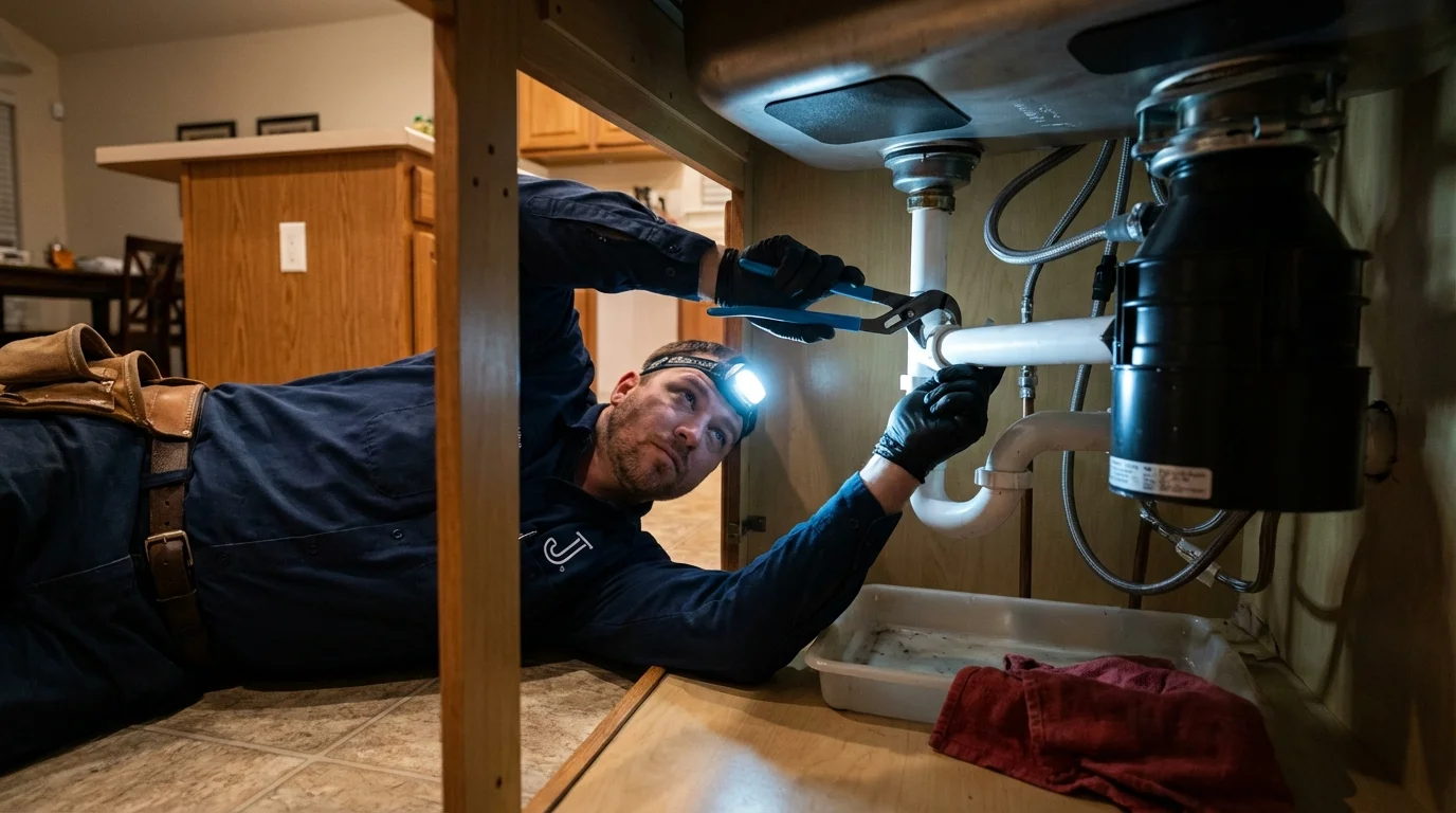 P-trap and supply line connections under a kitchen sink showing a common leak point in Sharon, MA
